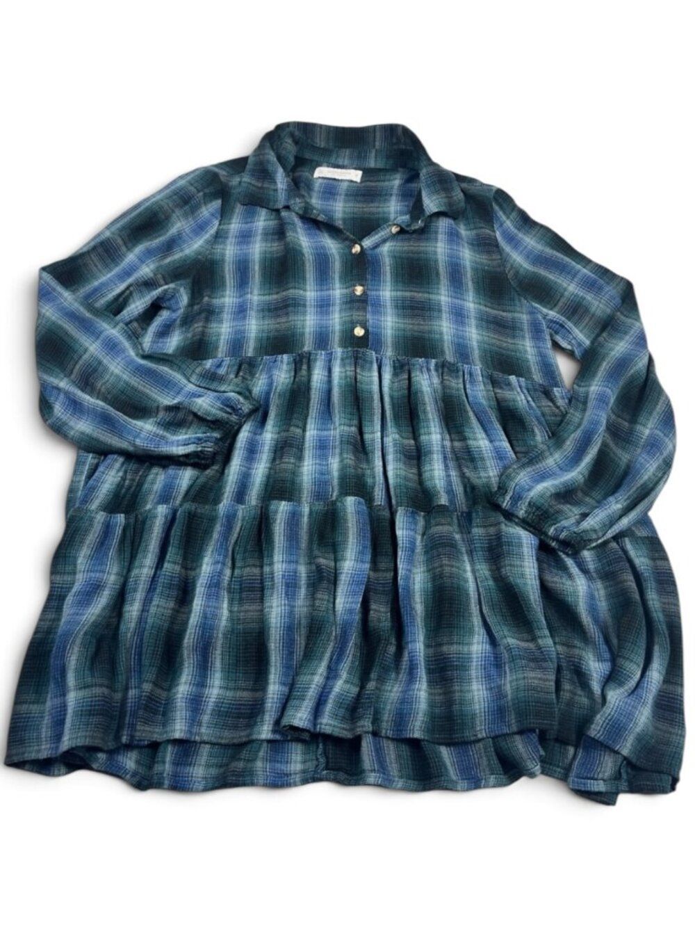 Lucky Brand Plaid Tiered Tunic Shirt Babydoll Boho Long Sleeve Oversized Top M